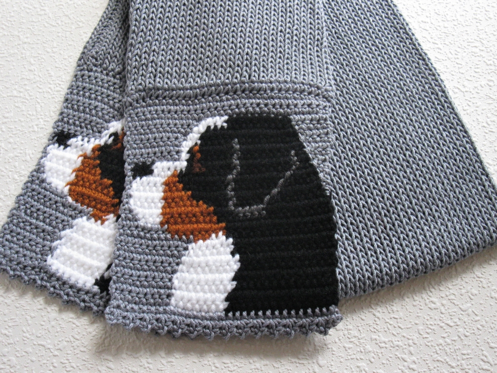 Bernese Mountain Dog Scarf. Gray cotton scarf with tricolor Berner dogs ...