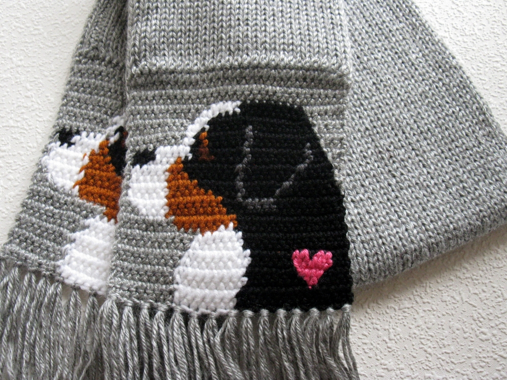Bernese Mountain Dog Scarf. Gray crochet and knitted scarf with Berner