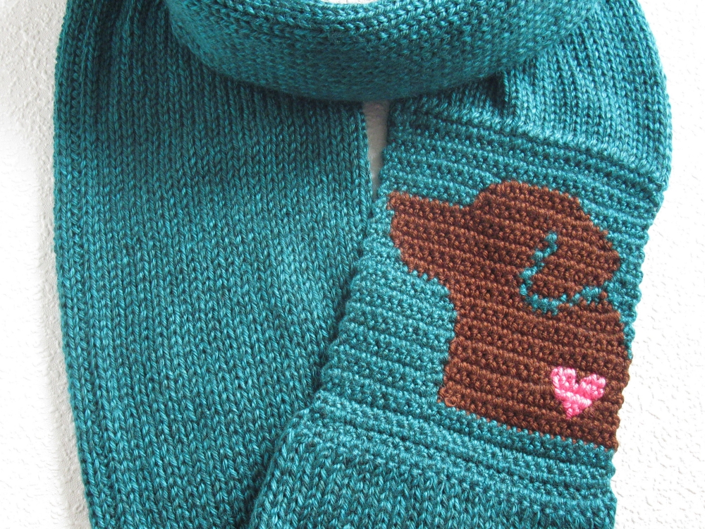 Teal Labrador retriever infinity scarf with chocolate lab dog hooknsaw