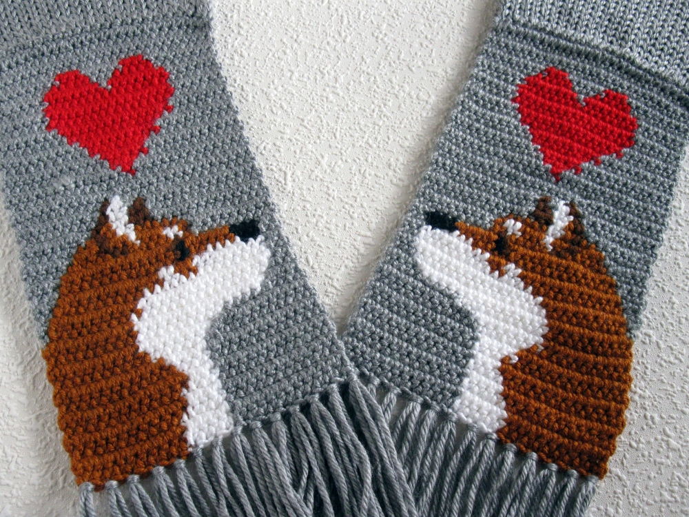Shiba Inu Scarf. Grey, knit and crochet scarf with red