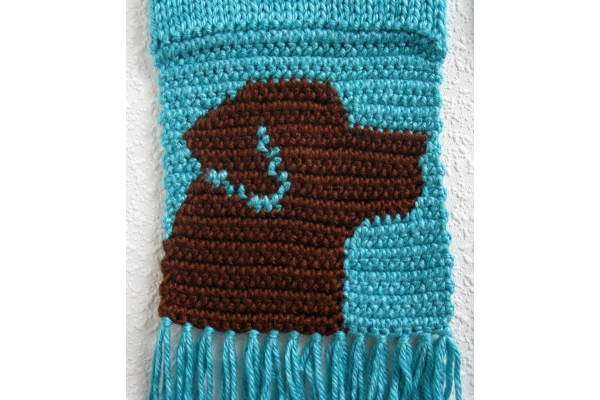 Chocolate Lab Scarf. Turquoise blue crochet and knit scarf with brown ...