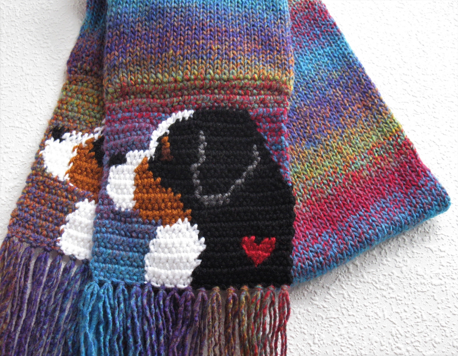 Bernese Mountain Dog Scarf. Colorful, rainbow knit scarf with Berner ...