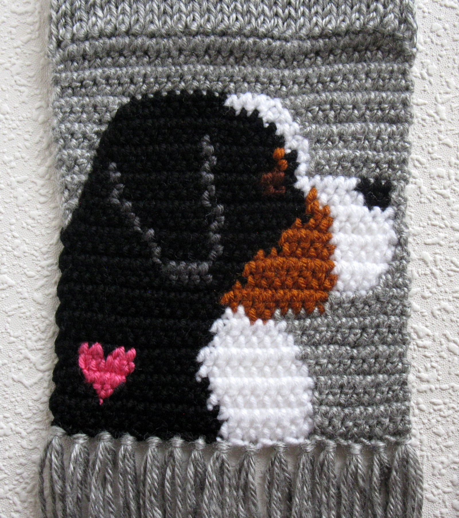 Bernese Mountain Dog Scarf. Gray crochet and knitted scarf with Berner ...