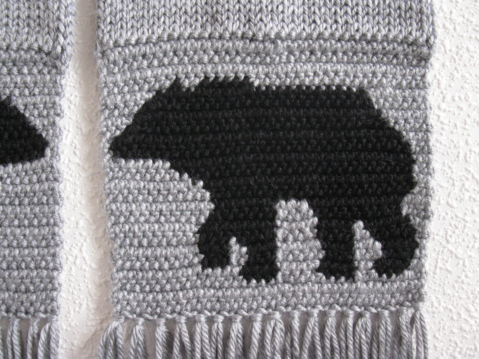Knit Bear Scarf. Long, gray knitted and crochet scarf with