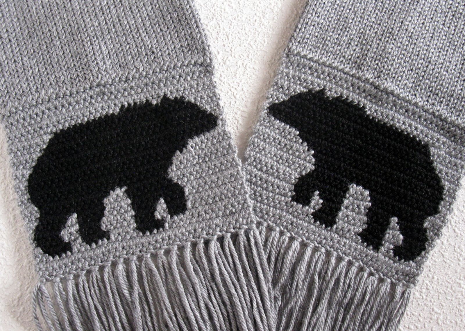 Knit Bear Scarf. Long, gray knitted and crochet scarf with black bears