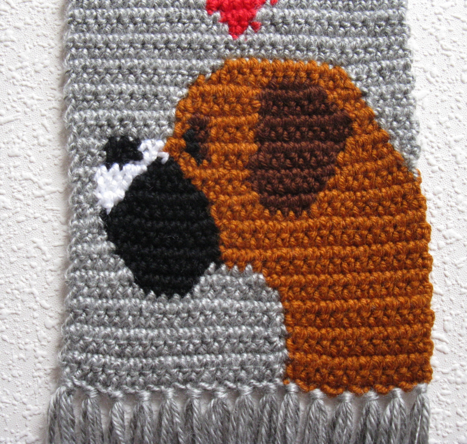 Knit Boxer scarf. Gray crochet scarf with boxer dogs and red hearts ...