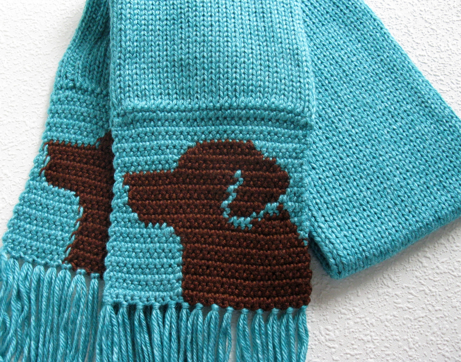 Chocolate Lab Scarf. Turquoise blue crochet and knit scarf with brown ...