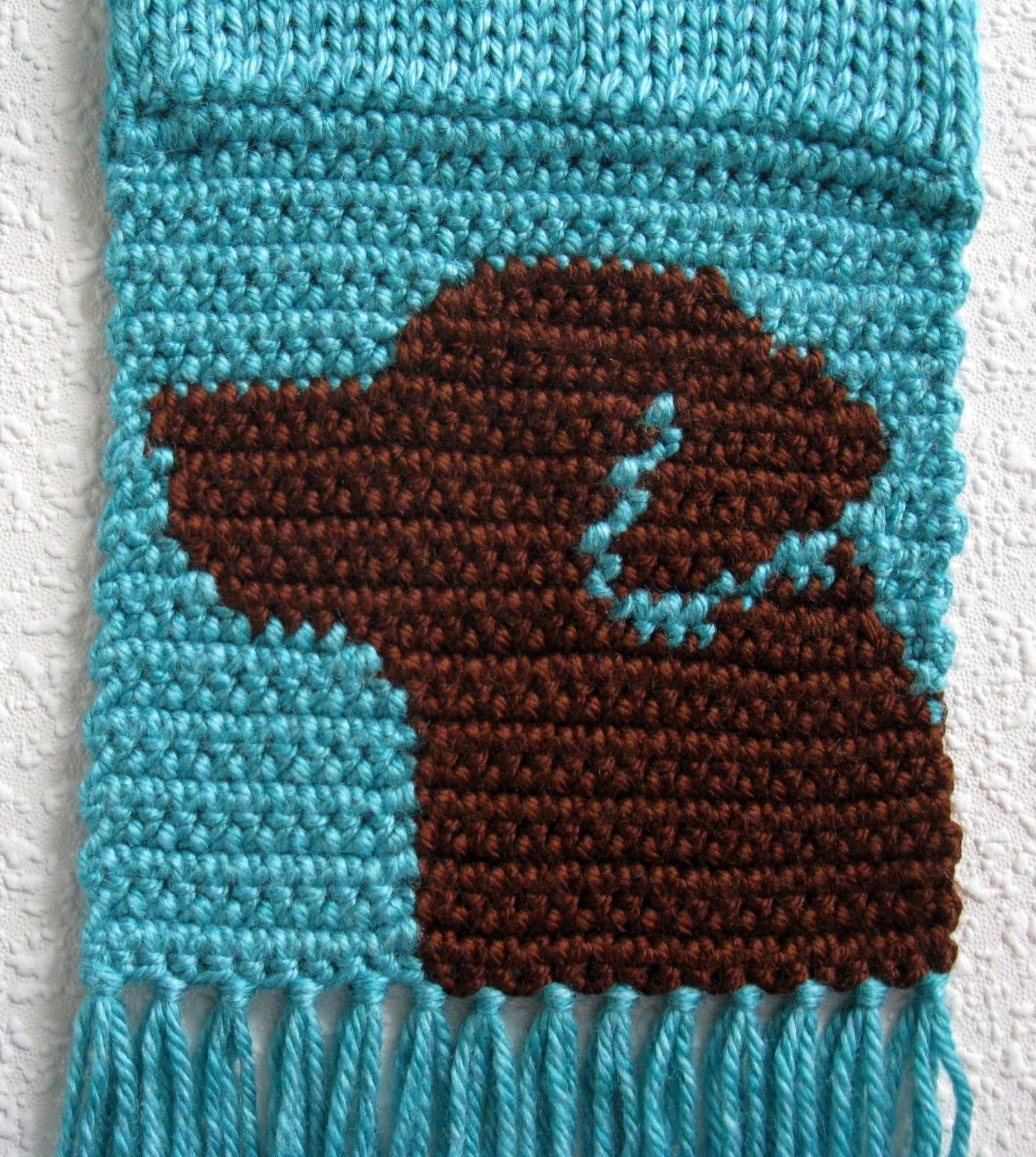 Chocolate Lab Scarf. Turquoise blue crochet and knit scarf with brown ...