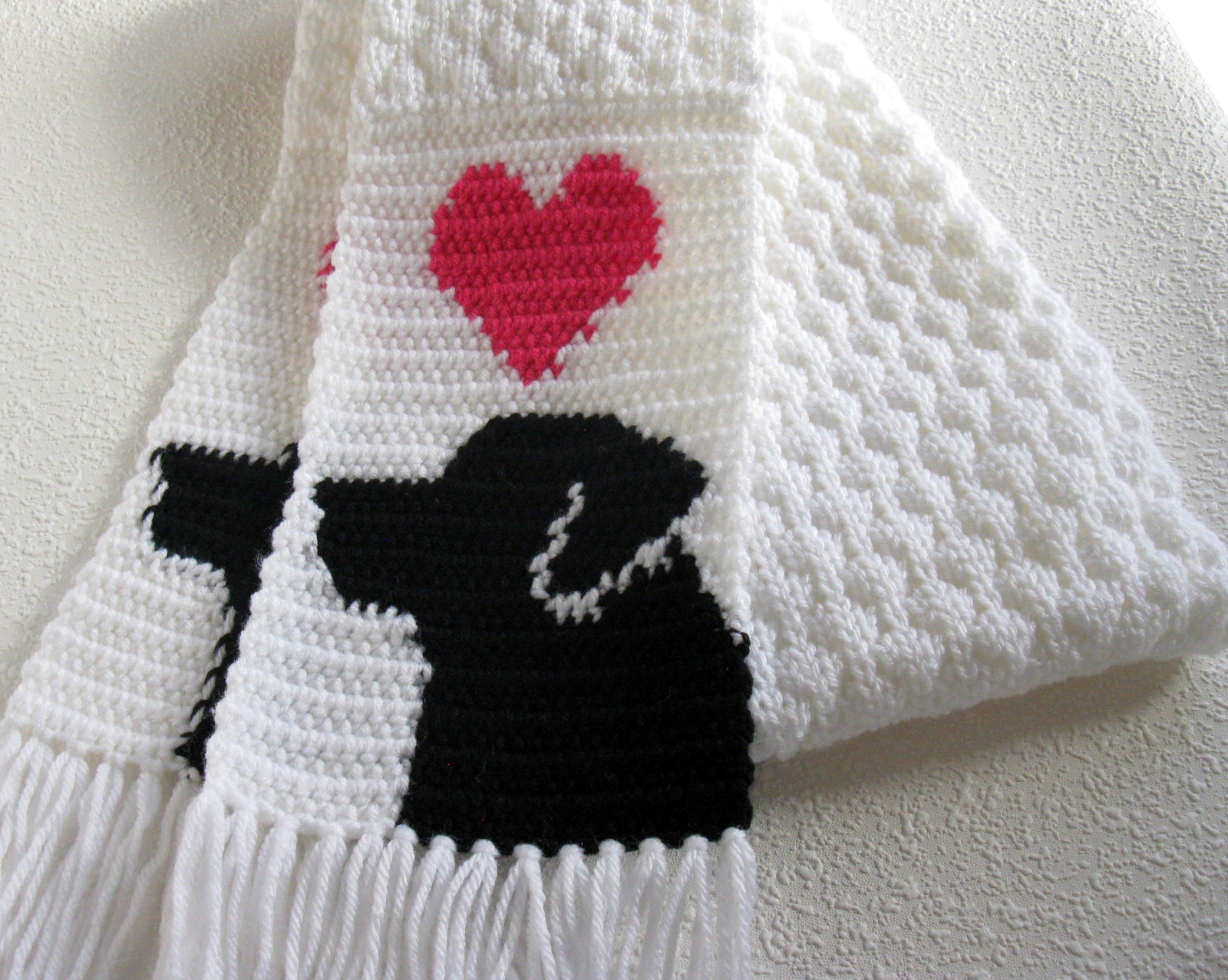 Labrador Retriever Scarf. White knit scarf with pink hearts and black ...