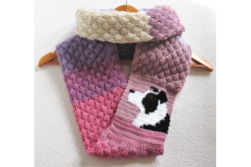 Border collie infinity scarf. Knit color block circle cowl with a black and white collie dog