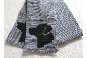 Cotton Labrador Scarf. Gray knit scarf with yellow, brown or black lab dogs