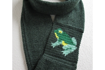 Knit Frog Scarf. Dark green, handmade infinity cowl with a yellow and emerald froggy.