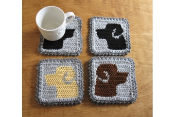 Labrador Retriever coasters. Set of two (2) gray mug rugs with brown, yellow or black Lab dogs