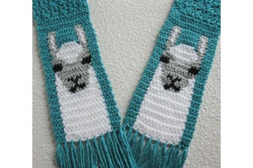 Turquoise blue scarf with crochet white Llamas or Alpacas