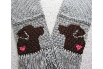 Chocolate Lab Scarf. Handmade grey scarf with small pink hearts and brown Labrador retriever dogs Chocolate Lab Scarf. Handmade grey scarf with small pink hearts and brown Labrador retriever dogs