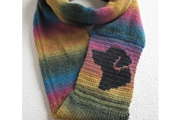 Lab Infinity Cowl. Colorful stripes scarf with a charcoal black Labrador retriever dog