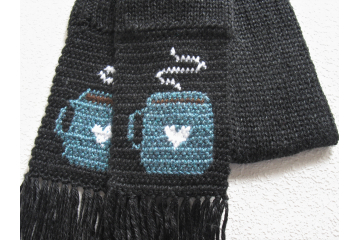 Coffee Lovers scarf.  Charcoal black scarf with blue cups and white hearts
