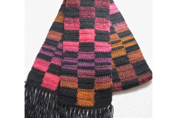 Colorful Checker Scarf. Black, gold, pink and purple crochet checkered scarf