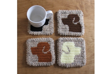 Labrador Retriever coasters. Set of two (2) light brown mug rugs with brown, rust, black or yellow Lab dogs