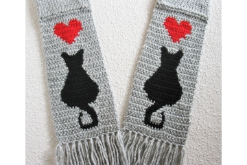 Knit Cat Scarf. Gray heather scarf with red hearts and black kitties Knit Cat Scarf. Gray heather scarf with red hearts and black kitties