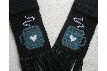 Black scarf with blue coffee mugs