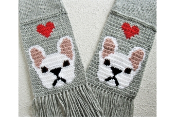 French Bulldog Scarf. Gray knit scarf with red hearts and white bulldogs