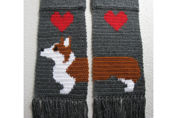 Corgi Dog Scarf. Gray knit scarf with a Pembroke Welsh corgi dog and red hearts