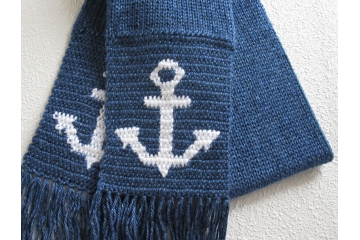Knit anchor scarf.  Handmade royal blue scarf with white anchors