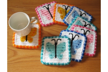 Butterfly Coasters. Colorful mug rugs with crochet butterflies in yellow, blue, pink, or aqua