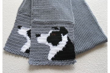 Border Collie Scarf. Gray cotton scarf with black and white collie dogs