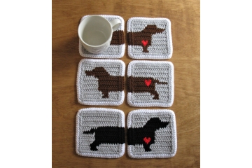 Dachshund dog coasters. Gray and white mug rugs with badger dogs and hearts.