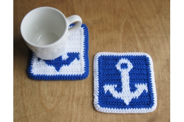 Anchor Coasters. Set of two, large blue and white nautical theme mug rugs