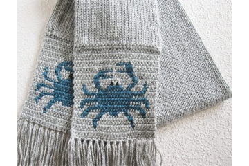 Blue Crab scarf. Handmade, gray heather scarf with glacier blue crabs. Blue Crab scarf. Handmade, gray heather scarf with glacier blue crabs.