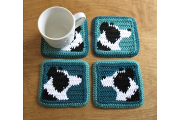 Border collie coasters. Set of four, teal and jade mug rugs with black and white dogs.