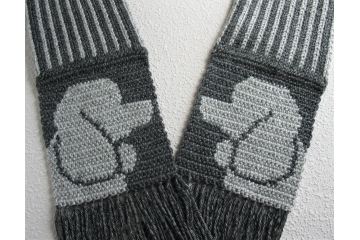 Gray Poodle Scarf. Knit silver and charcoal grey stripes scarf with poodle dogs Gray Poodle Scarf. Knit silver and charcoal grey stripes scarf with poodle dogs