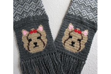 Yorkie dog scarf. Gray fair isle knit scarf with Yorkshire terrier dogs and red bows.