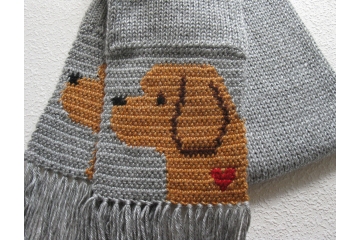 Labradoodle scarf. Gray scarf with red hearts and Labradoodle dogs. Labradoodle scarf. Gray scarf with red hearts and Labradoodle dogs.