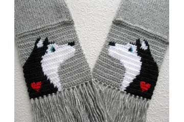 Husky Dog Scarf. Gray scarf with black and white Siberian huskies and red hearts.