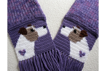 Jack Russell Terrier Scarf. Fair Isle, purple knit scarf with crochet Parsons Terriers and small purple hearts.