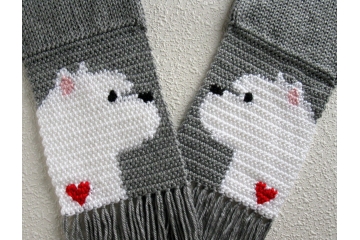 Gray knit and crochet scarf with West Highland White Terrier dogs and small red hearts. Gray knit and crochet scarf with West Highland White Terrier dogs and small red hearts.