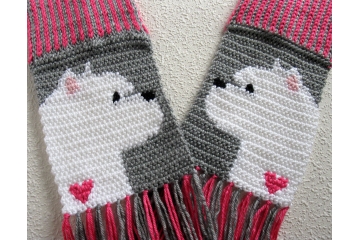 Westie Terrier Scarf. Gray and pink stripes, knit scarf with West Highland White Terrier dogs and small pink hearts.