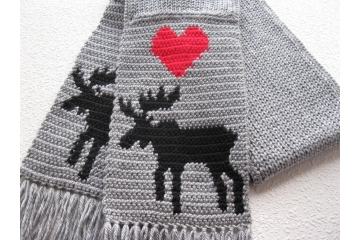 Knit Animal Scarf. Gray, knitted accessory with bull moose silhouettes and red hearts Knit Animal Scarf. Gray, knitted accessory with bull moose silhouettes and red hearts