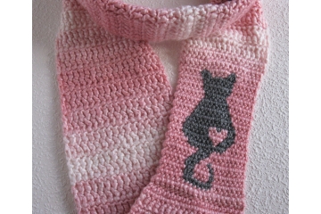 Cat Infinity Scarf. Long, pink and white crochet cowl with a gray kitty silhouette and heart