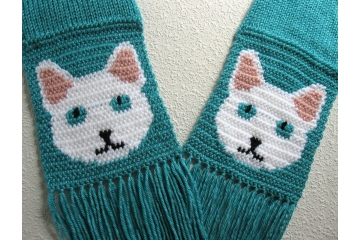 Turquoise Cat Scarf. Knitted accessory with blue eyed white kitties