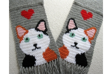 Knit Calico Cat Scarf. Gray with white, black and orange crocheted kitties and red hearts
