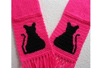 Pink Cat Scarf. Bright pink, knit and crochet scarf with black kitty silhouettes