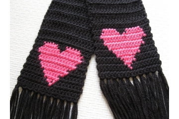 Long black scarf with bright pink hearts for women