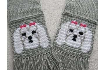 Pet lover scarf. Gray knit scarves with white Maltese dogs wearing red or pink bows