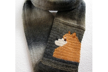 Pomeranian infinity scarf. Brown stripes, knit eternity cowl with an orange Pomeranian dog