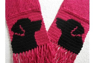 Black Lab Scarf. Fuchsia pink crochet and knit scarf with Labrador retriever dogs